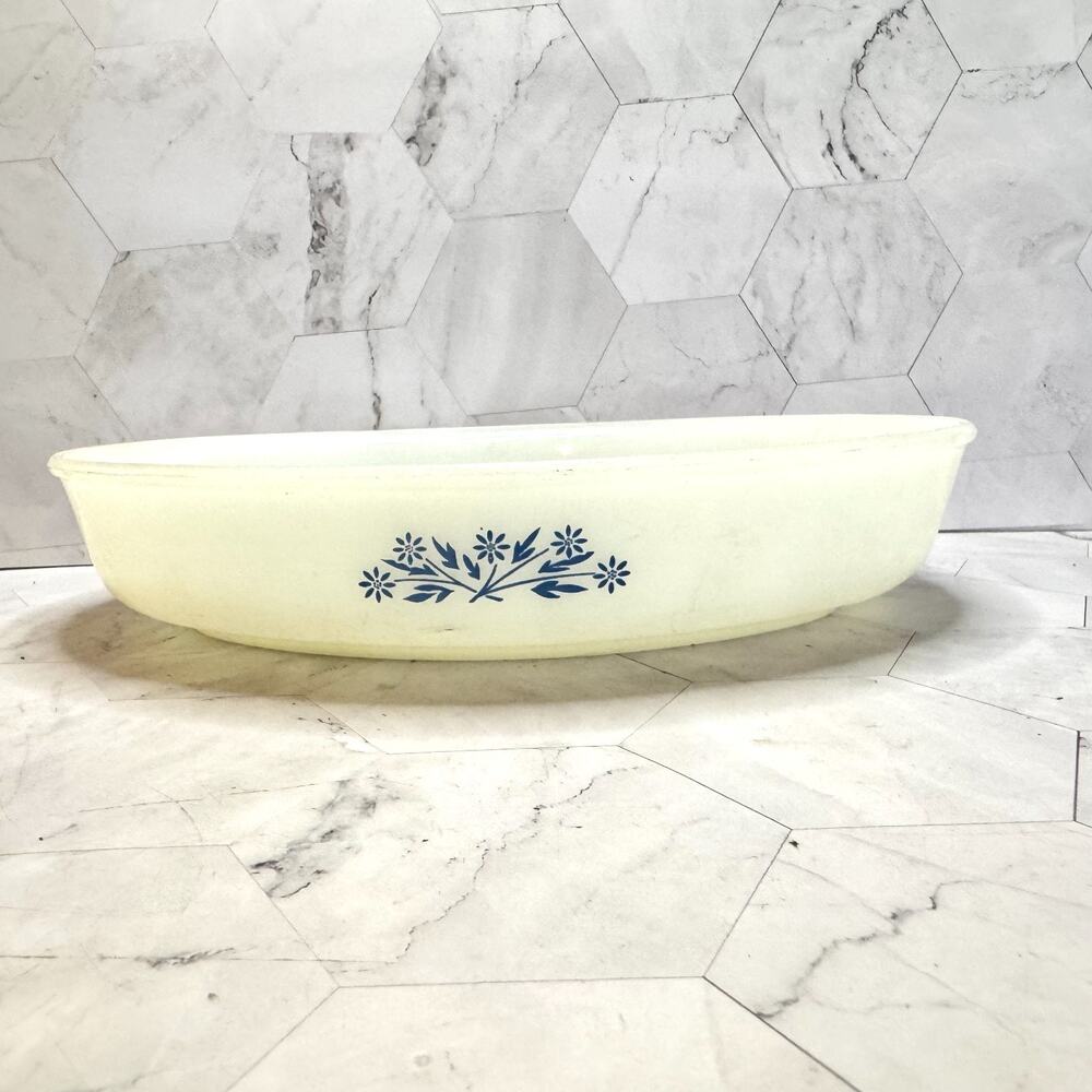 Vintage Dynaware Pyr O Rey Blue Corn Flower 10" Oval Casserole Dish MCM Retro